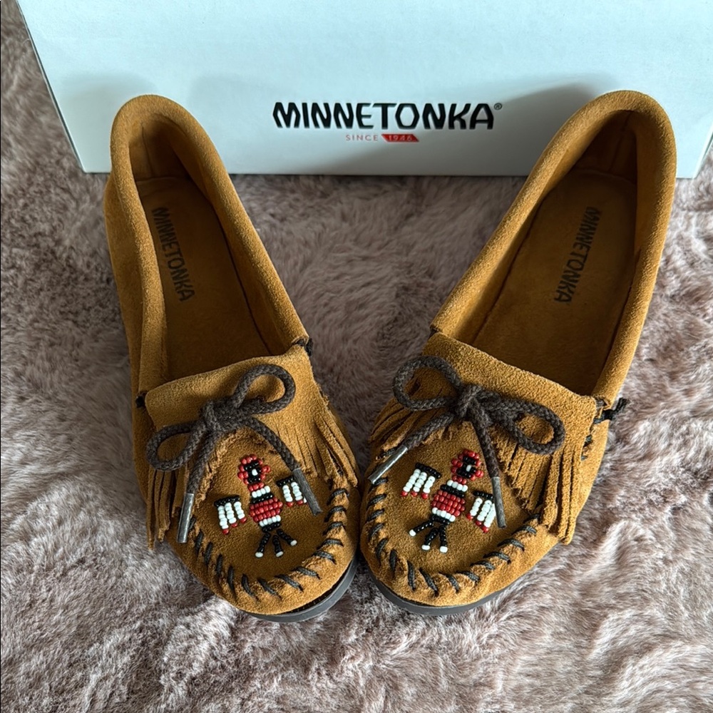 Minnetonka Brown Moccasins with Traditional Beadwork